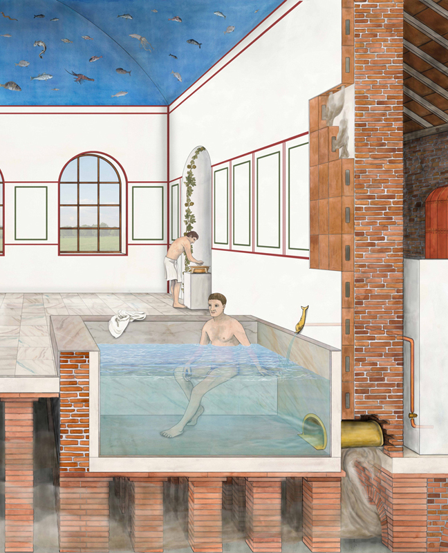 roemisches Bad, mit Testudo, Hypokausten, Wand- und Fussbodenheizung, Illustration
