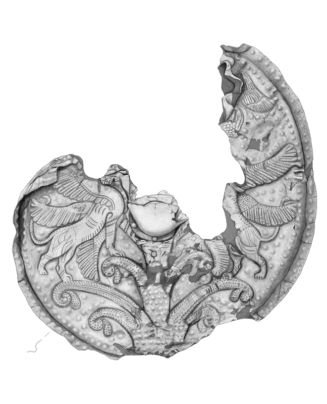 orientalischer Bronze Schild, bronze shield, Olympia Griechenland, archäologische Zeichnung, archaeological illustration
